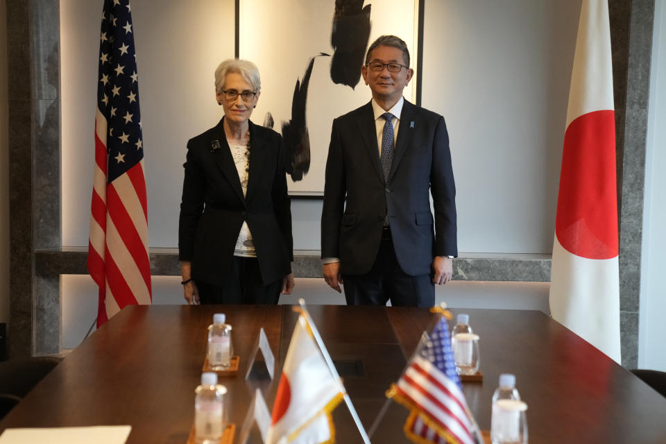 U.S. Deputy Secretary of State Wendy Sherman, left, and Japanese Vice Minister for Foreign Affairs Takeo Mori, right, pose for the media before their meeting in Seoul, South Korea, Wednesday, June 8, 2022. U.S. Deputy Secretary of State Wendy Sherman met with her counterparts from South Korea and Japan on Wednesday, emphasizing the U.S. commitment to defend its allies and trilateral security cooperation to confront an accelerating nuclear threat from North Korea. (AP Photo/Lee Jin-man)