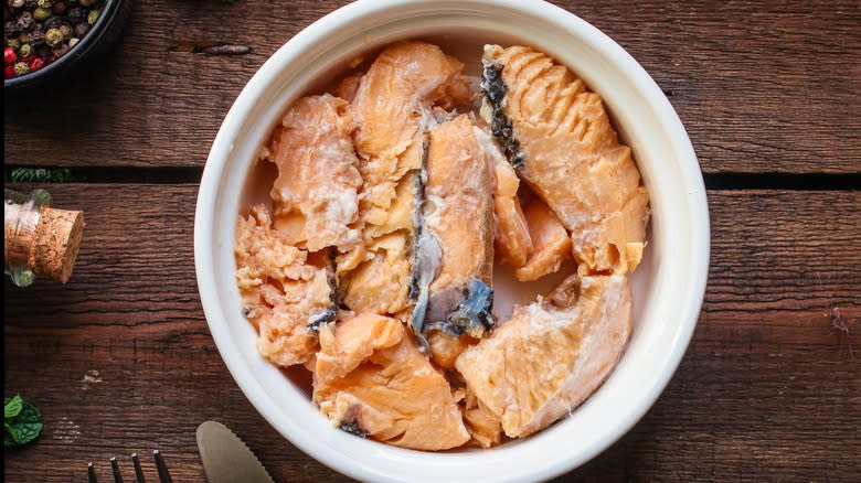 Canned salmon in bowl