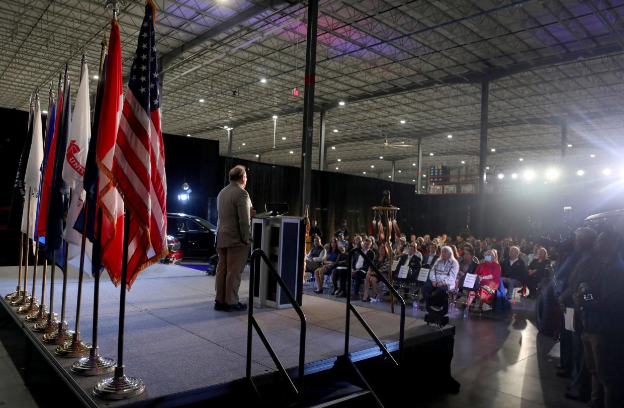 Detroit Mayor Mike Duggan speaks during the official opening of Dakkota Integrated Systems in Detroit on Thursday, May 5, 2022.The manufacturing plant where the old Kettering High School was makes the instrument panels for various Jeep models.