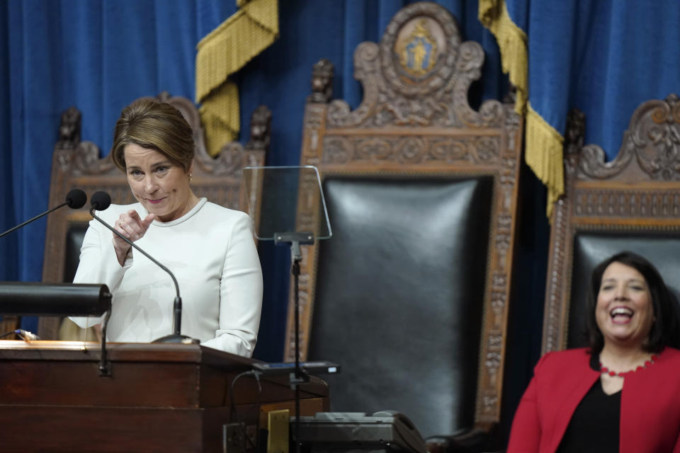 Massachusetts Gov. Maura Healey, left, delivers her inaugural address as Lt. Gov. Kim Driscoll, right, looks on moments after both were administered the oath of office during inauguration ceremonies in the House Chamber at the Statehouse, Thursday, Jan. 5, 2023, in Boston. (AP Photo/Steven Senne)