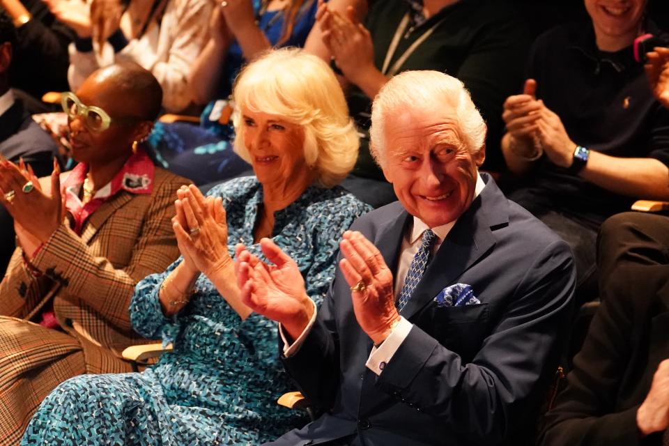 The King and Queen were treated to some entertainment at the drama school (Jordan Pettitt/PA Wire)