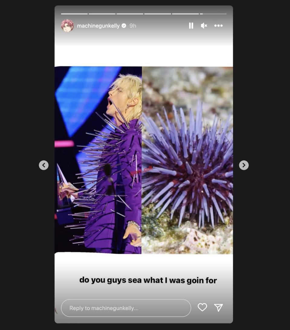 Machine Gun Kelly compares his Dolce & Gabbana suit to a sea urchin on Instagram.