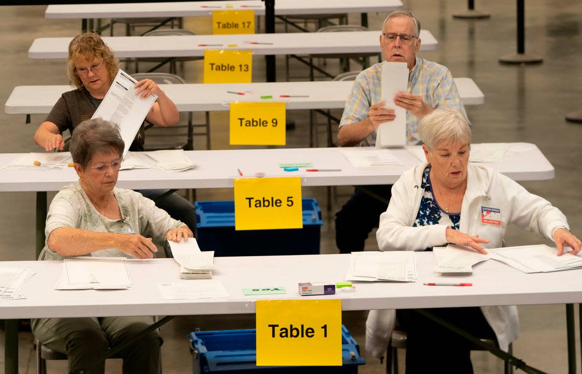 Bipartisan counting teams prepare to recount nearly 150,000 ballots at the Sedgwick County Extension Center on a constitutional amendment that would’ve removed abortion rights from the Kansas Constitution.