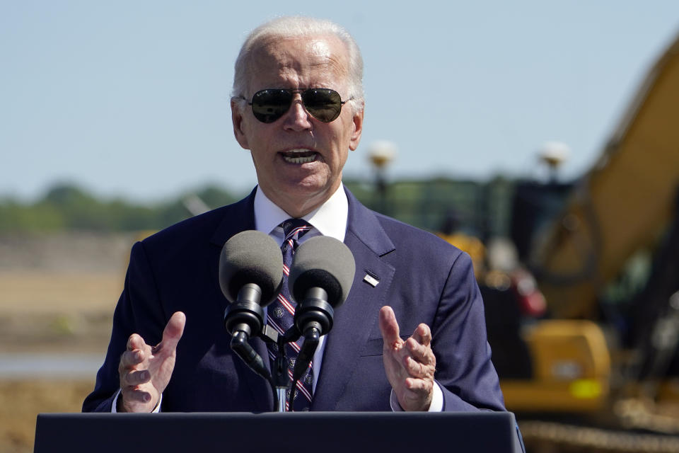 FILE - President Joe Biden speaks during a groundbreaking for a new Intel computer chip facility in New Albany, Ohio, Sep. 9, 2022. States are giving out more cash than ever before to multibillion-dollar microchip foundries and electric vehicle and battery factories, inspiring ever-more competition as states dig deeper into their pockets to attract big employers and capitalize on a wave of huge new projects. (AP Photo/Manuel Balce Ceneta, File)