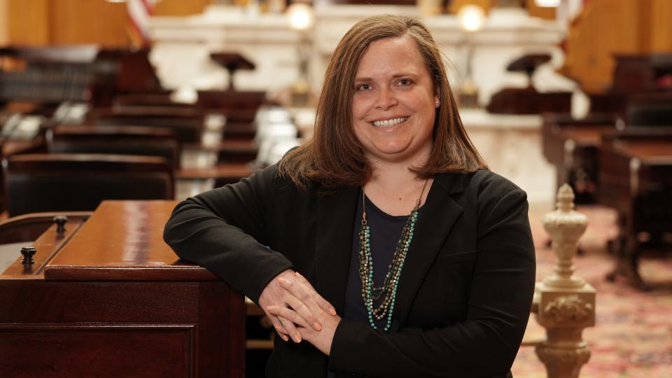 APR 27, 2022; Columbus, Ohio, USA; Jessie Balmert is a reporter for the USA TODAY Network Ohio Bureau, which serves the Columbus Dispatch, Cincinnati Enquirer, Akron Beacon Journal and 18 other affiliated news organizations across Ohio. Photographed April 27, 2022 in the Ohio Statehouse Senate chambers. Mandatory Credit: Doral Chenoweth-The Columbus Dispatch
