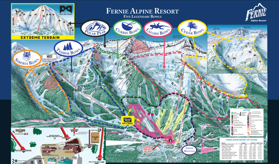 Map of Fernie Alpine Resort. Look at those tasty bowls! Courtesy of Fernie Alpine Resort. 