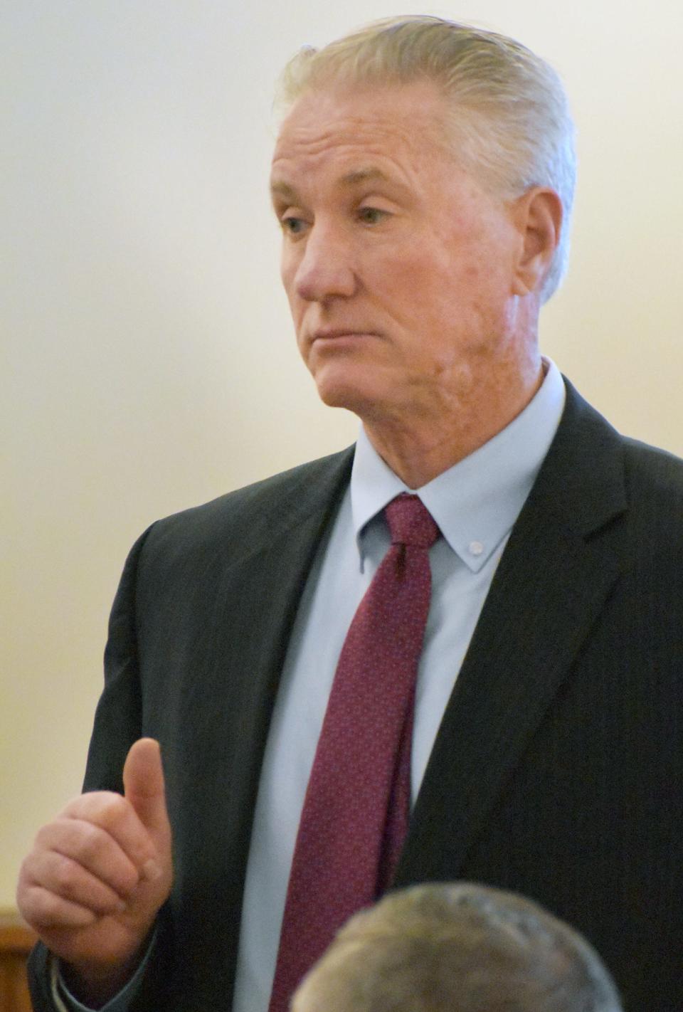 Assistant District Attorney Dennis Collins lays out the prosecution's version of the case during the Nelson Coelho trial in Fall River on Wednesday, May 1, 2024. Coelho is accused of shooting and killing Lal Kishor Mahaseth during an attempted robbery in 2021.