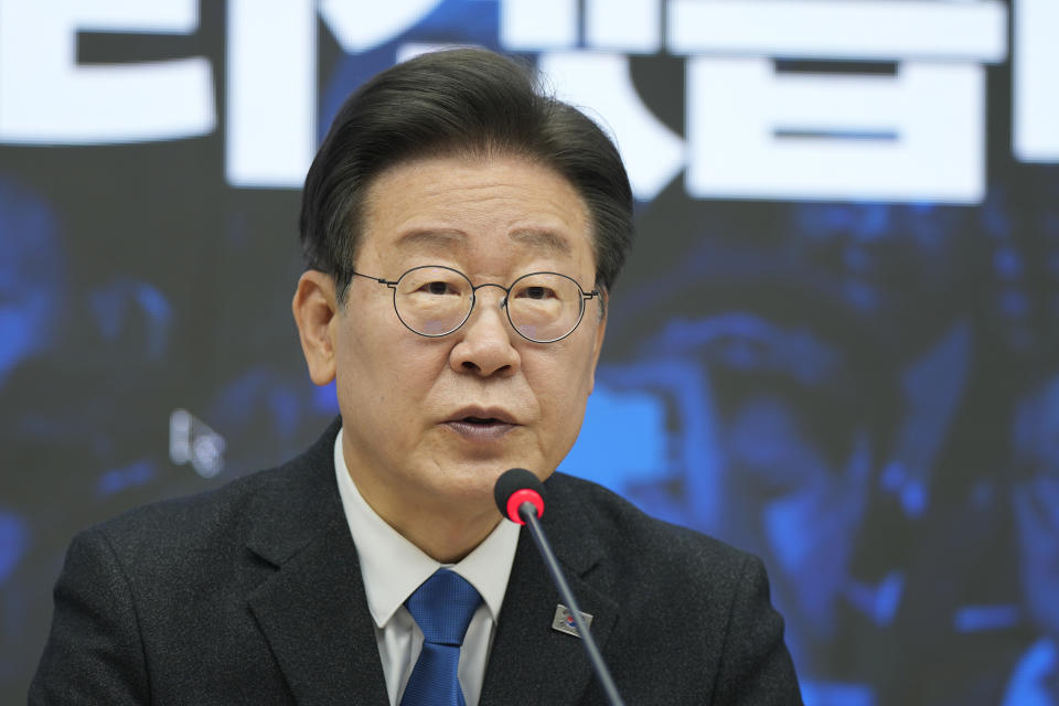 FILE - South Korea's main opposition Democratic Party leader Lee Jae-myung speaks during the disbandment ceremony of the party's election committee for the parliamentary election at the party's headquarters in Seoul, South Korea, Thursday, April 11, 2024. South Korean voters have handed liberals extended opposition control of parliament in what looks like a massive political setback to conservative President Yoon Suk Yeol. Some experts say the results of Wednesday’s parliamentary elections make Yoon “a lame duck” — or even “a dead duck” — for his remaining three years in office. Others disagree, saying Yoon still has many policy levers and could aggressively push his foreign policy agenda. (AP Photo/Lee Jin-man, File)