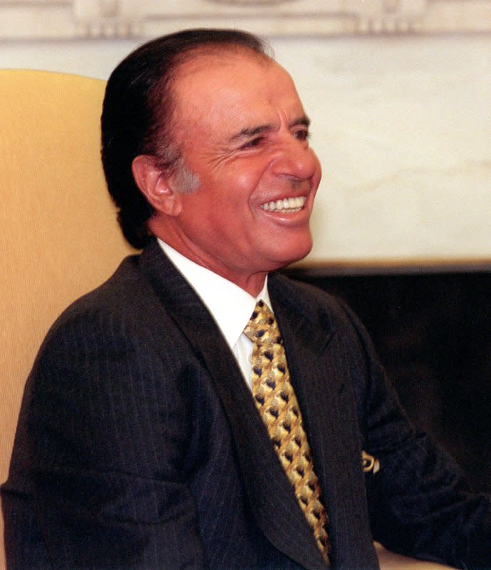 On March 8, 2013, former Argentine President Carlos Saul Menem, pictured in 1999, and ex-Defense Minister Oscar Camilion were convicted of smuggling weapons to Croatia and Ecuador. UPI File Photo