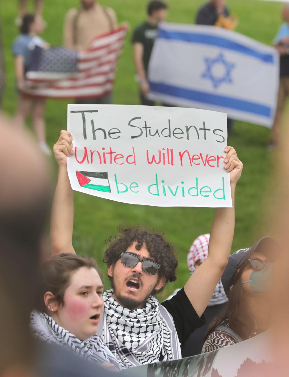 Pro-Palestine and anti-war protesters rallied after a May 4 commemoration event at Kent State University Saturday.