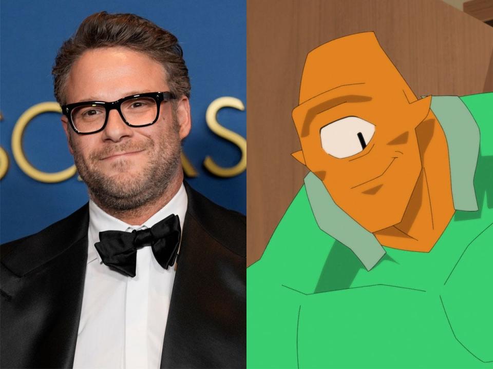 Seth Rogen, left, in January 2024. Allen the Alien, right, on season two of the animated series "Invincible."