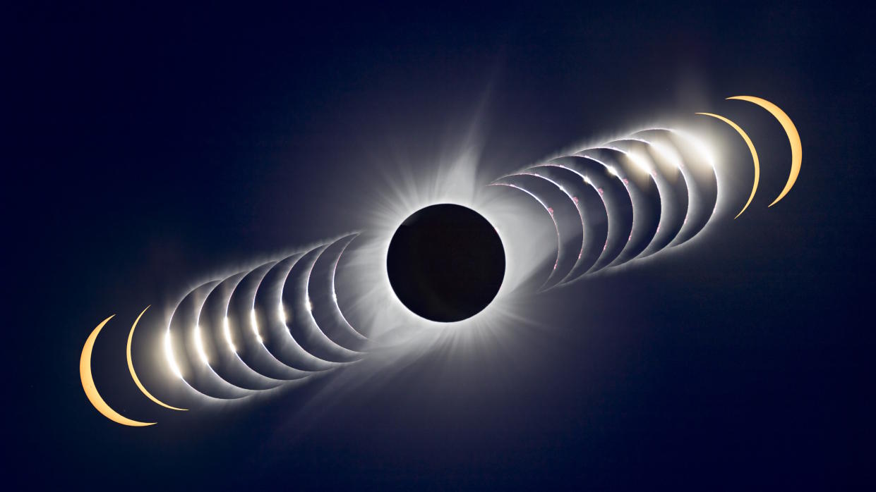  Here’s a variation on creating a time-sequence composite of the August 21, 2017 total solar eclipse In this case, time runs from left to right, from the last filtered partial phases I shot, through unfiltered shots of the rapidly changing last glimmer of sunlight disappearing behind the advancing Moon at “Second Contact,” forming “Baily’s Beads, to totality at centre] The sequence continues at right with the Sun emerging from behind the Moon in a rapid sequence at “Third Contact,” followed by two post-totality filtered partials to bookend the total eclipse images The C3 limb had a beautiful array of pink prominences The Contact 2 and 3 images were taken in rapid-fire continuous mode and so are only fractions of a second apart in real time Most are 1/4000th second exposures The totality image is a blend of 7 exposures, from 1/1600 second to 1/15 second to preserve detail in the corona from inner to middle corona These were aligned, and merged into a smart object and blended with a Mean combine stack mode It is not an HDR image I added a couple of layers of High Pass filtering to sharpen structure in the corona The partials are 1/2500-second exposures through a Thousand Oaks metal-on-glass solar filter for the yellow colour All were taken through an Astro-Physics 106mm apochromatic refractor with a 085x field flattener/reducer for an effective focal length of 500mm at f/5 The flattener added some flares off the diamond rings The telescope was on an AP Mach One equatorial mount, aligned and tracking the sky, a rare circumstance for me for any total solar eclipse The placement of the frames here only roughly matches the actual position and motion of the Sun across the sky during the time around totality Partials and C2 and C3 images layered into Photoshop and blended into the background totality image with a Lighten blend mode, and masked to reveal just the wanted bits of each arc The site was north of Driggs, Idaho in t(Photo by: Alan Dyer/VW Pics/UIG via Getty Images). 