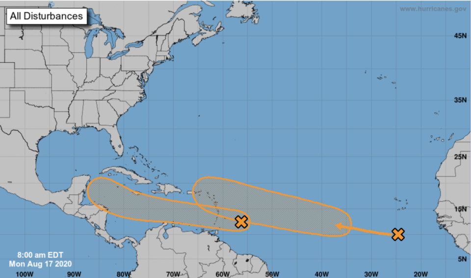 One of the tropical waves is moving quickly westward at about 20 mph toward the Windward Islands, and is continuing to produce disorganized showers and thunderstorms, according to the National Hurricane Center. The other disturbance is in the eastern tropical Atlantic to the south-southwest of the Cabo Verde Islands.
