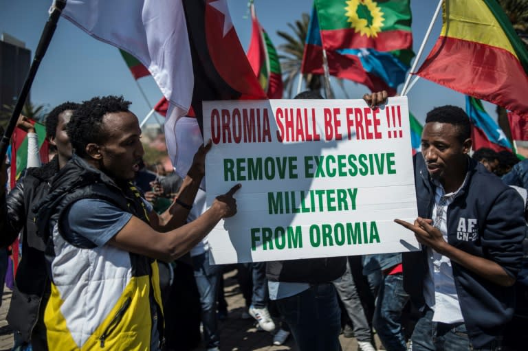 Members of the Oromo, Ogaden and Amhara community in South Africa demonstrate against crackdown in their regions on August 18, 2016 in Johannesburg