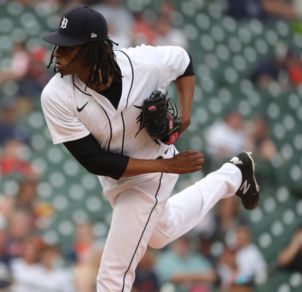 Detroit Tigers starter Jose Urena (62) pitches against the Houston Astros during second inning action on Thursday, June 24, 2021, at Comerica Park in Detroit.