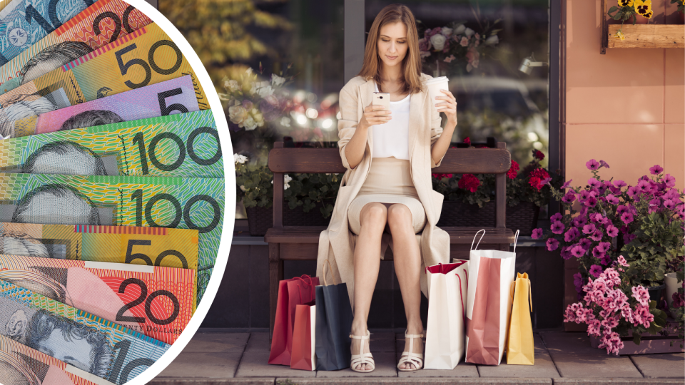 Australian currency and a woman with a phone, shopping bags and a coffee to demonstrate the investments in the Becky ETF.