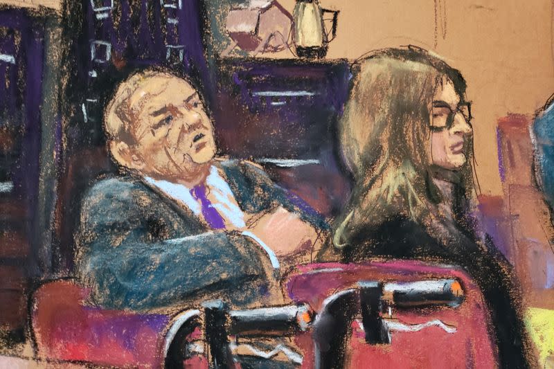 Film producer Harvey Weinstein and his attorney Donna Rotunno listen as defense lawyer Damon Cheronis gives arguments to Judge James Burke in New York