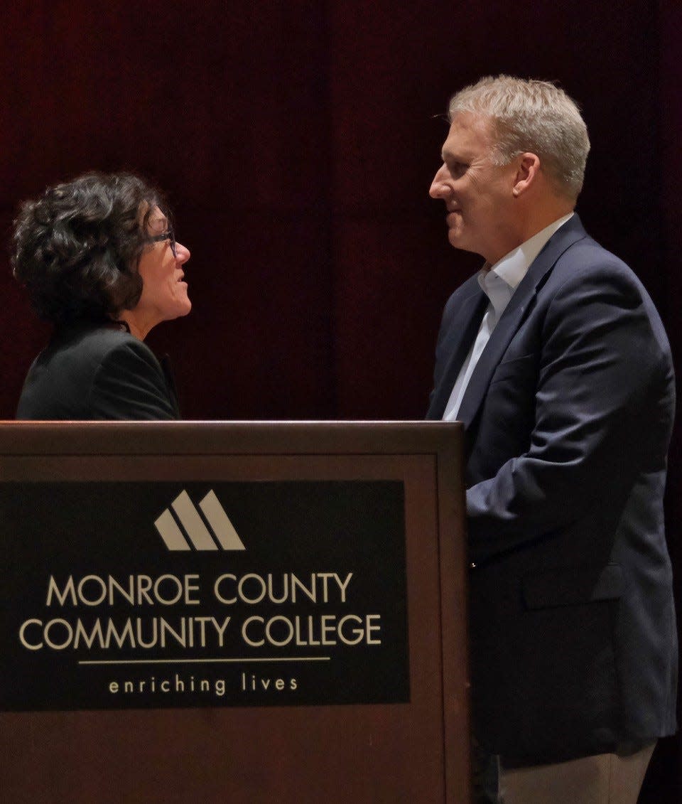 Dr. Grace Yackee, vice president of instruction, presents the Outstanding Adjunct Faculty Award to Joe Verkennes.
Provided by MCCC