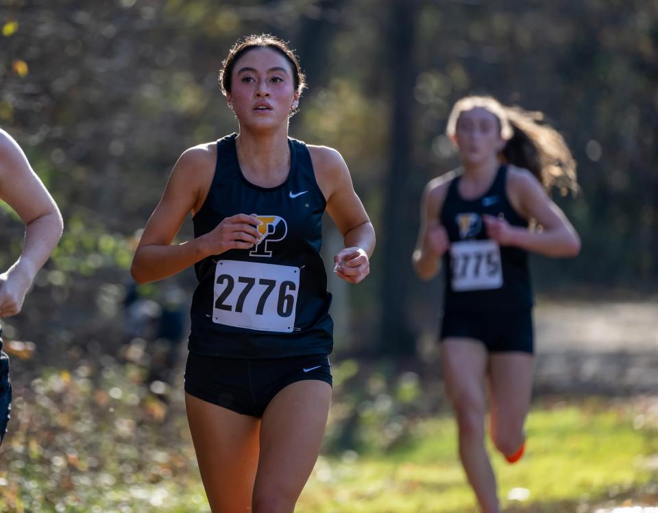 Padua’s Sophia Holgado runs to a win in the DIAA 2022 Cross Country Girl’s Division I Championship at Killens Pond State Park in Felton, Del.