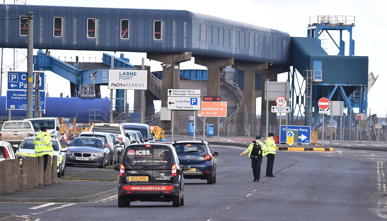 The UK government extended a grace period for some checks on agricultural and food products imported by retailers to Northern Ireland until 1 October. Above, a checkpoint at Larne Harbour, Northern Ireland. Photo: Charles McQuillan/Getty Images