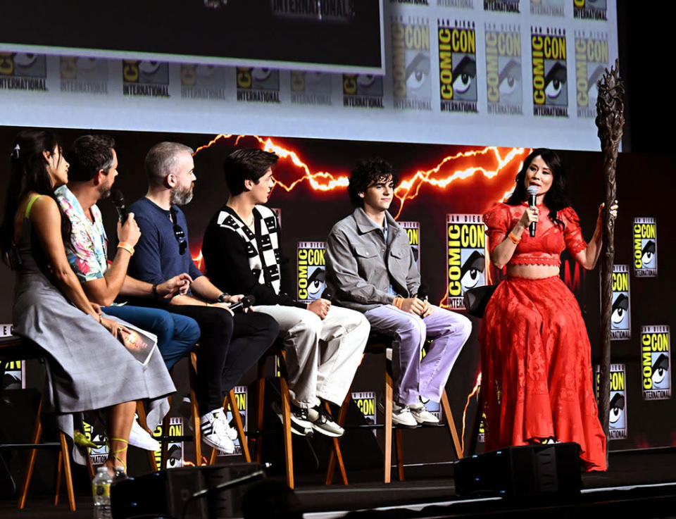 Tiffany Smith, Zachary Levi, David F. Sandberg, Asher Angel, Jack Dylan Grazer and Lucy Liu talk onstage during the Shazam!  Fury of the Gods Warner Bros.  panel in Hall H at Comic-Con International 2022 held at the San Diego Convention Center on July 23, 2022 in San Diego, California - Credit: Variety via Getty Images