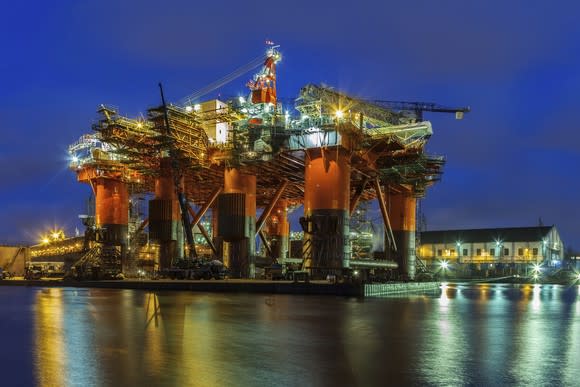 A jack-up drilling vessel in dry dock.