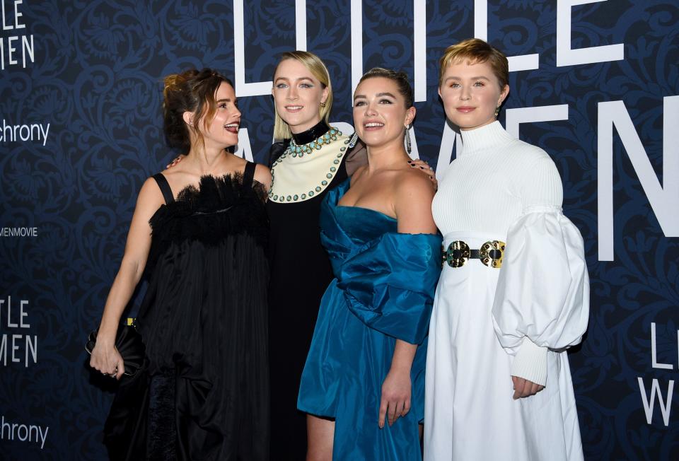 Emma Watson, left, Saoirse Ronan, Florence Pugh and Eliza Scanlen gather at the premiere of "Little Women" at the Museum of Modern Art on Dec. 7, 2019, in New York.