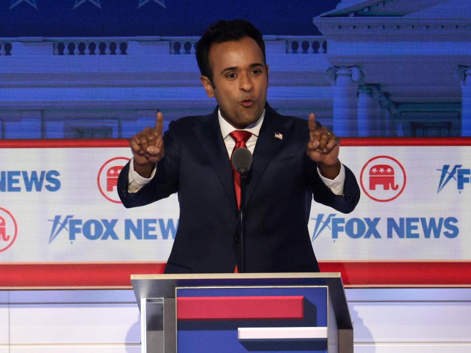 Vivek Ramaswamy participates in the first debate of the GOP primary season hosted by FOX News at the Fiserv Forum on August 23, 2023 in Milwaukee, Wisconsin