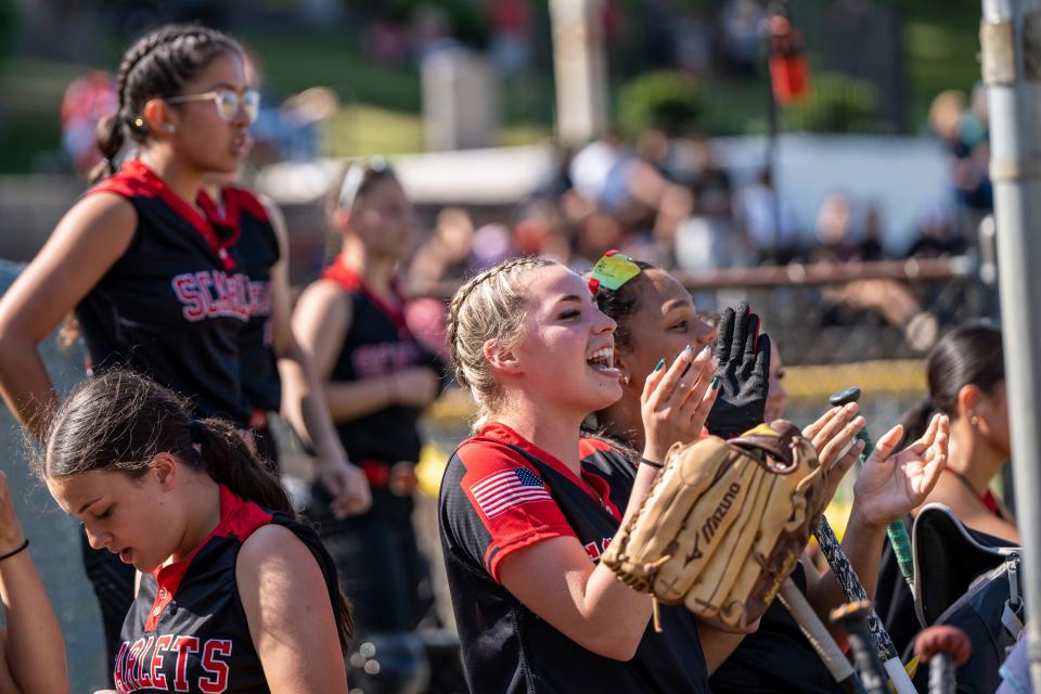 May 31, 2023; Ridgefield Park, NJ, USA; Ridgefield Park softball players cheer for their teammates. The North 2, Group 2 softball semifinal between Passaic Valley and Ridgefield Park is held at Ridgefield Park High School. Mandatory Credit: Anne-Marie Caruso-The Record