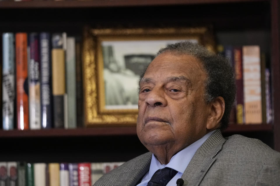 Civil Rights icon Andrew Young speaks during an interview with The Associated Press, Thursday, May 18, 2023, in Atlanta. (AP Photo/Brynn Anderson)