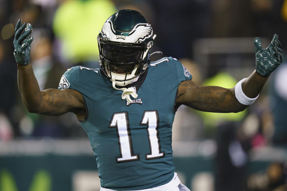 Philadelphia Eagles wide receiver A.J. Brown is one of the central figures in Super Bowl LVII. (AP Photo/Chris Szagola)