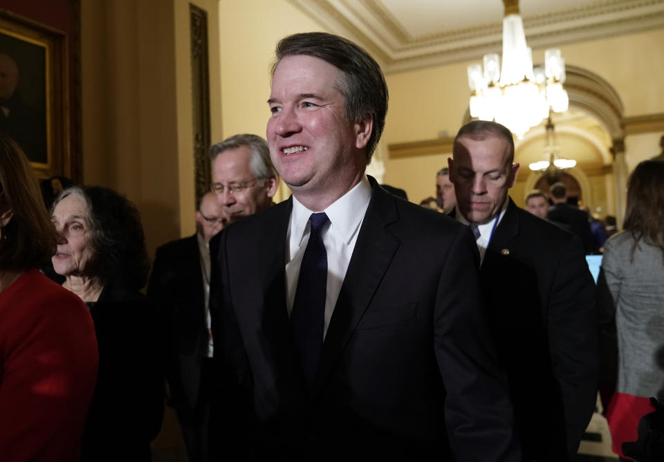 U.S. Supreme Court Associate Justice Brett Kavanaugh smiles as he departs after U.S. President Donald Trump concluded his second State of the Union address to a joint session of the U.S. Congress in the House Chamber of the U.S. Capitol in Washington, U.S. February 5, 2019. REUTERS/Joshua Roberts