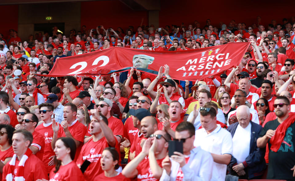 <p>Soccer Football – Premier League – Arsenal vs Burnley – Emirates Stadium, London, Britain – May 6, 2018 Fans hold up a banner in reference to Arsenal manager Arsene Wenger REUTERS/Ian Walton EDITORIAL USE ONLY. No use with unauthorized audio, video, data, fixture lists, club/league logos or “live” services. Online in-match use limited to 75 images, no video emulation. No use in betting, games or single club/league/player publications. Please contact your account representative for further details. </p>