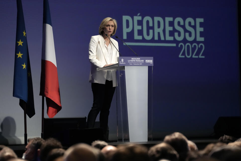 Valerie Pecresse, candidate for the French presidential election 2022, delivers a speech during a meeting in Paris, France, Saturday, Dec. 11, 2021. The first round of the 2022 French presidential election will be held on April 10, 2022 and the second round on April 24, 2022. (AP Photo/Christophe Ena)