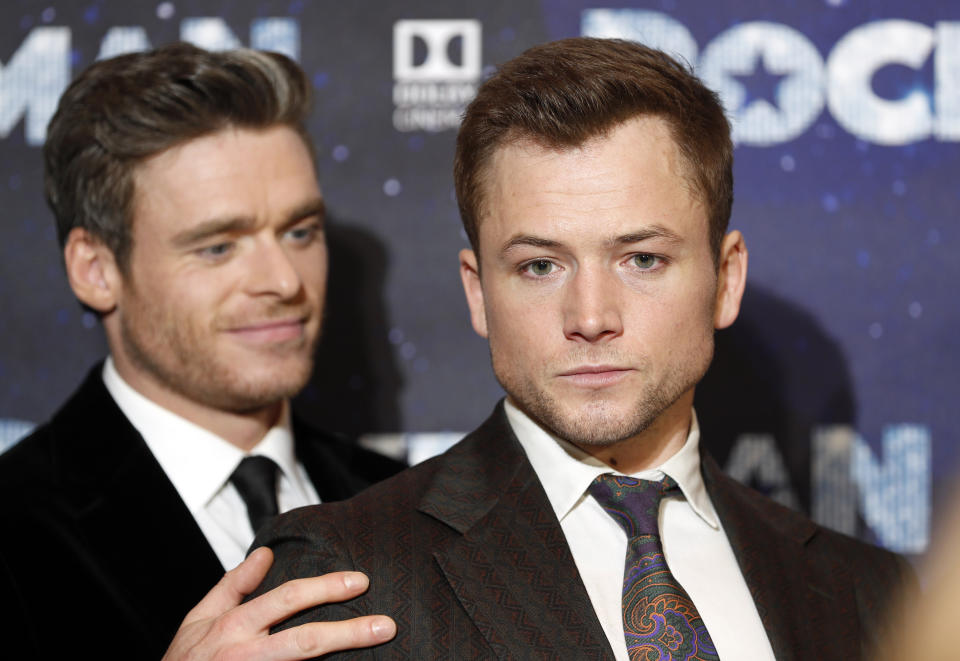 Actors Taron Egerton and Richard Madden, left, arrive for the UK Film Premiere of Rocketman at the Odeon Luxe in London, Monday, May 20, 2019.(AP Photo/Frank Augstein)