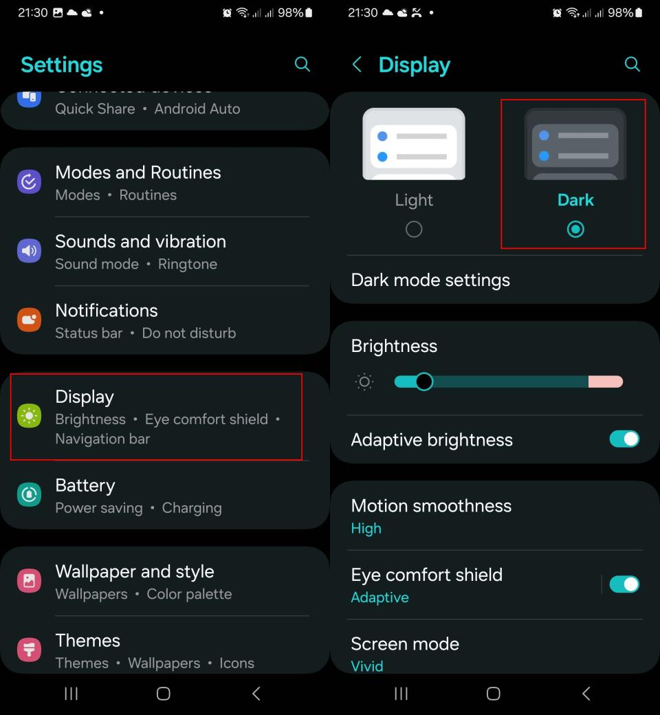 Dark mode steps for Galaxy phones