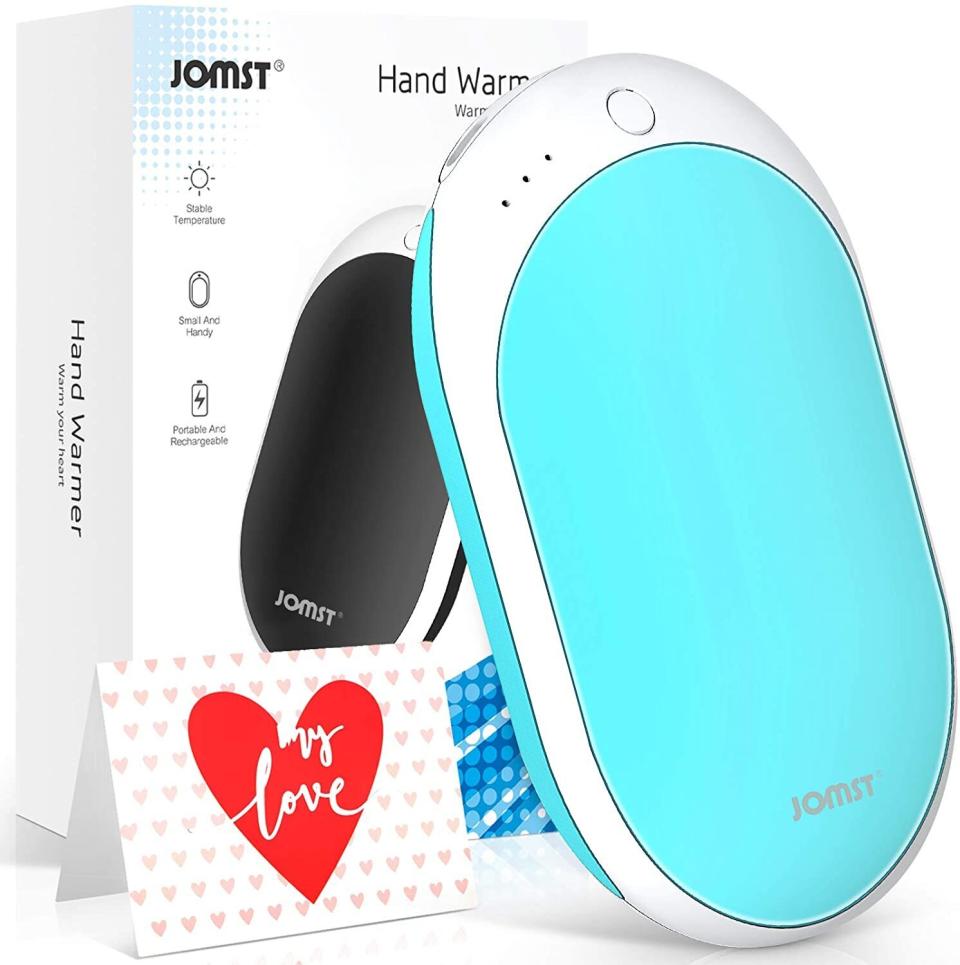 Unlike some of the hand warmers on this list, <a href="https://amzn.to/3od7Wyi" target="_blank" rel="noopener noreferrer">this one</a> comes in different colors (including black, blue and pink) to make it more customized to you. The heat on this hand warmer can last up to 12 hours. You can opt to charge other digital devices as well. It's double-sided to heat both your hands and features three different heat settings. <a href="https://amzn.to/3od7Wyi" target="_blank" rel="noopener noreferrer">Find it for $28 at Amazon</a>.