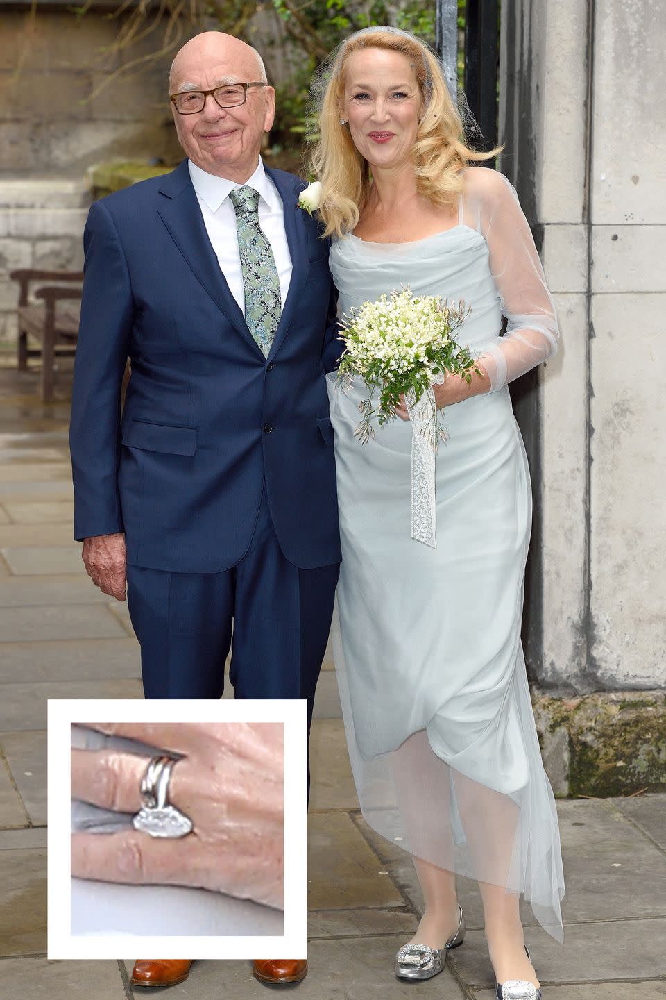 <p>Hall and media tycoon Rupert Murdoch announced their engagement in January 2016. Hall's enormous ring is a marquise-shaped diamond on a platinum band, <a href="http://www.instyle.com/news/jerry-hall-engagement-ring-rupert-murdoch-photo" rel="nofollow noopener" target="_blank" data-ylk="slk:InStyle reports;elm:context_link;itc:0;sec:content-canvas" class="link "><em>InStyle </em>reports</a>. The center stone is <a href="http://www.dailymail.co.uk/femail/article-3477041/Rupert-s-lucky-man-Newlywed-Jerry-Hall-59-flashes-HUGE-engagement-ring-models-striking-magazine-spread-shot-Chanel-designer-Karl-Lagerfeld.html" rel="nofollow noopener" target="_blank" data-ylk="slk:estimated to be;elm:context_link;itc:0;sec:content-canvas" class="link ">estimated to be</a> a whopping 20 carats. <a href="https://www.townandcountrymag.com/society/money-and-power/a40391423/rupert-murdoch-jerry-hall-divorce/" rel="nofollow noopener" target="_blank" data-ylk="slk:In 2022, the two announced their divorce after six years.;elm:context_link;itc:0;sec:content-canvas" class="link ">In 2022, the two announced their divorce after six years.</a></p>