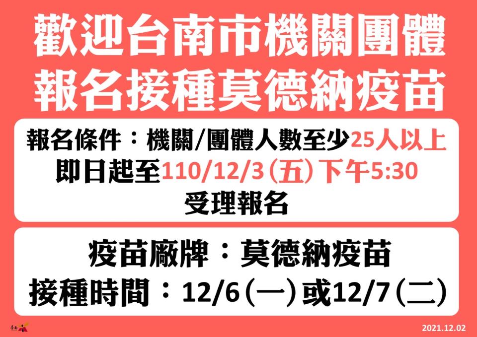 25人以上機關團體想打莫德納疫苗，需於3日下午5點半前完成報名。（衛生局提供）