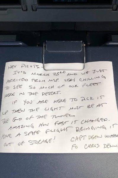 A handwritten note by a Delta Air Lines pilot dates back to the fearful moment the airline parked much of its fleet in a California desert (Delta Air Lines)