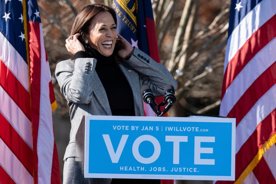 Vice President-elect Kamala Harris campaigns for Democratic U.S. Senate challengers the Rev. Raphael Warnock and Jon Ossoff, Monday, Dec. 21, 2020, in Columbus, Georgia.