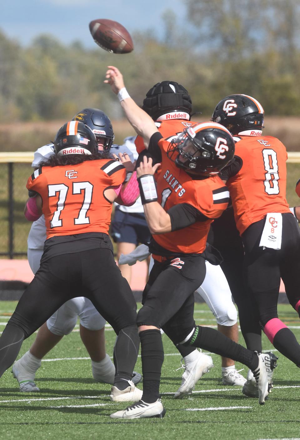 Churchville-Chili quarterback Chase Shepanski launches a first half touchdown pass for the Saints.