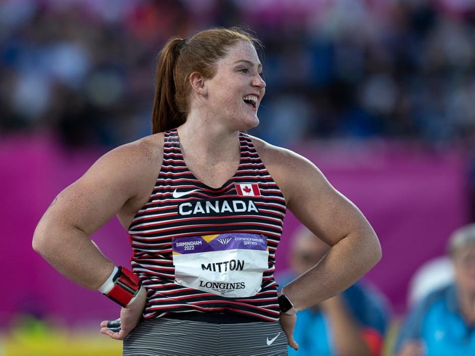 Canada's Sarah Mitton claimed the women's shot put gold medal Aug. 3 at the Commonwealth Games at Alexander Stadium in Birmingham, England. (Andrew Vaughan/The Canadian Press - image credit)