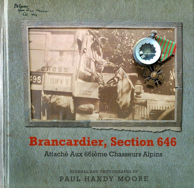 The cover of book published by Tallahassee's Dr. Charles Moore of his father Paul Handy Moore's photos and journal from 1917-18, titled “Brancordier, Section  646” – the name of his military unit.