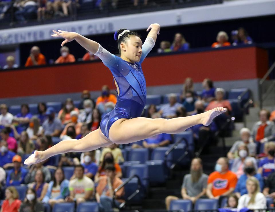 University of Florida gymnast Leanne Wong performs on the beam during a meet against the Oklahoma at the Exactech Arena in Gainesville, Feb. 25, 2022. The No.3 Florida Gators beat the No. 2 Oklahoma Sooners.