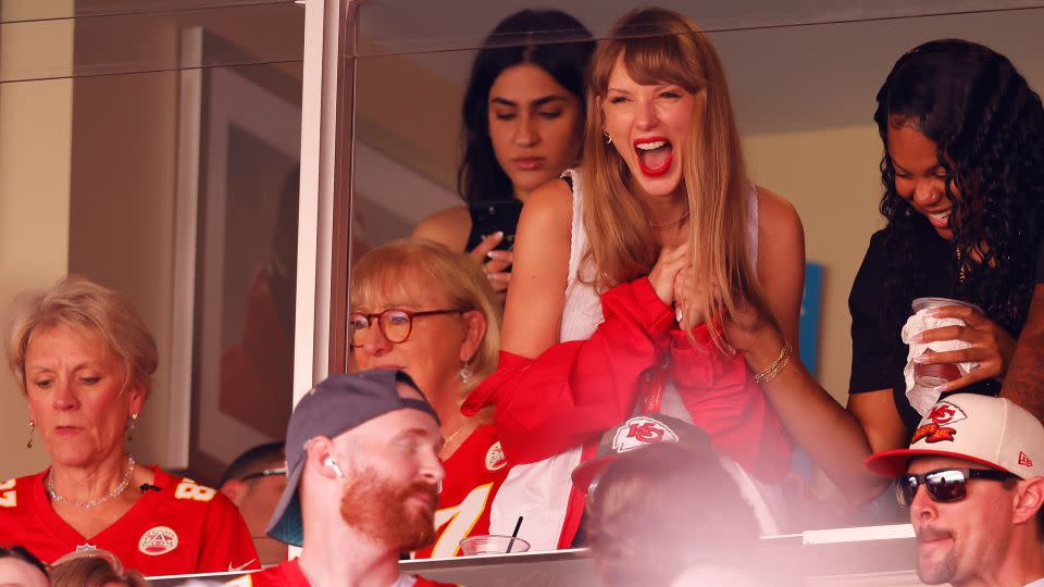 Swift, the girlfriend of Chiefs tight end Travis Kelce and the world's most famous football fan, watches on at Arrowhead Stadium in Kansas City. - David Eulitt/Getty Images