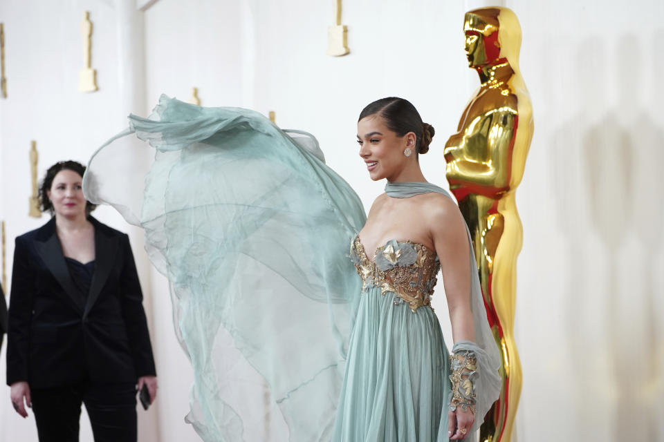 Hailee Steinfeld arrives at the Oscars on Sunday, March 10, 2024, at the Dolby Theatre in Los Angeles. (Photo by Jordan Strauss/Invision/AP)