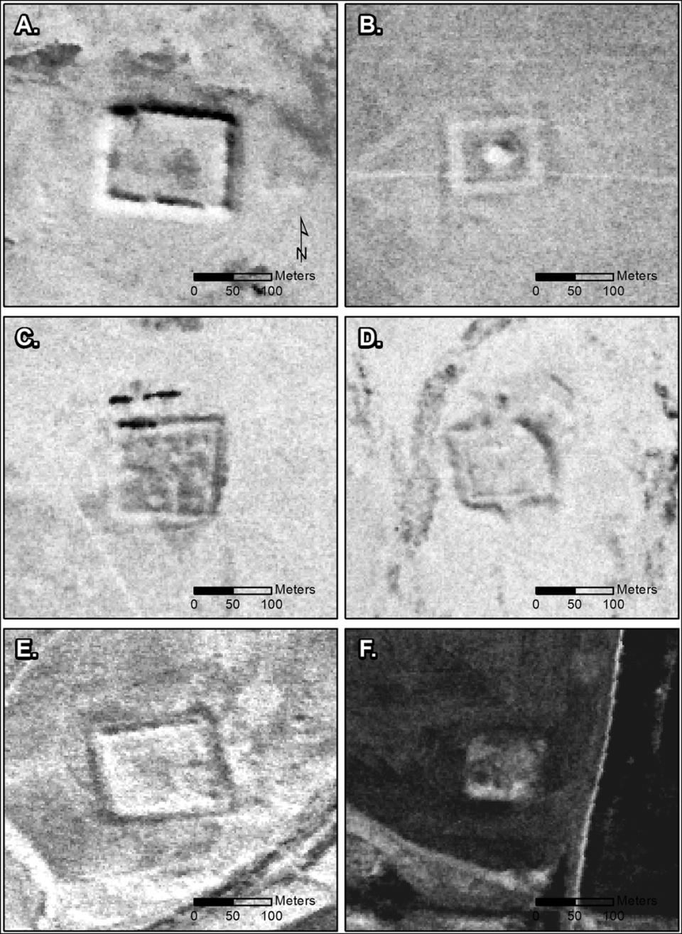 A collage of six photos show some of the larger Roman forts that were recently located.