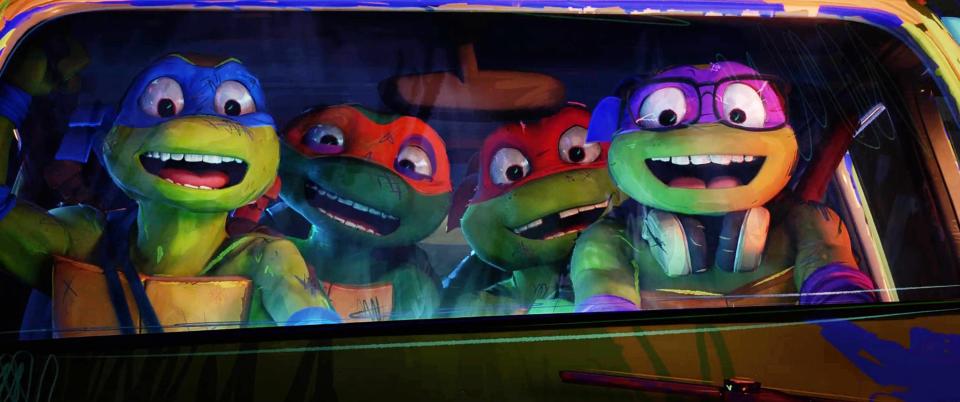 TEENAGE MUTANT NINJA TURTLES: MUTANT MAYHEM, from left: Leonardo (voice: Nicolas Cantu), Raphael (voice: Brady Noon), Michelangelo (voice: Shamon Brown Jr.), Donatello (voice: Micah Abbey), 2023. © Paramount Pictures / courtesy Everett Collection