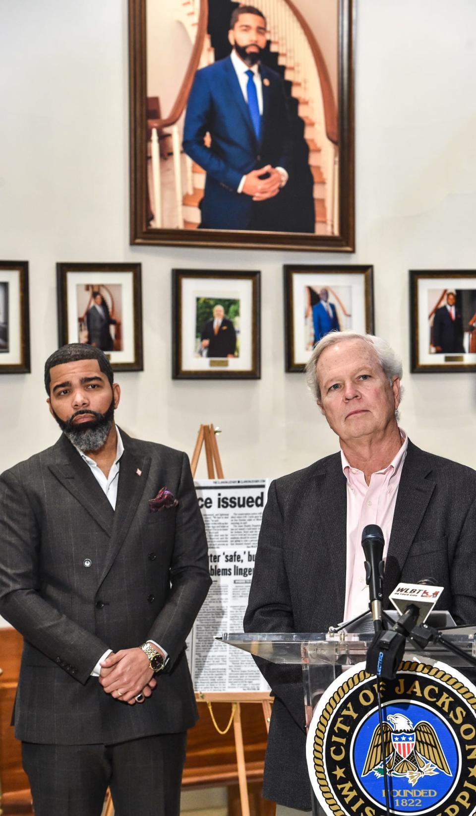 Mayor Chokwe A. Lumumba, joined by third-party administrator Ted Henifin, announces that long-awaited federal funds to fix Jackson's longstanding water infrastructure issues have been approved at City Hall in Jackson, Thursday, January 5, 2023. "There is finally light at the end of the tunnel for the residents of Jackson," Lumumba said.